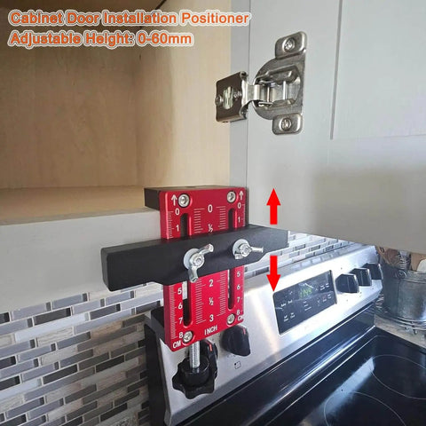 Effortless Cabinet Door Installation Positioner Jig with Locator Handle on cabinet, showing adjustable tool and hinge mounting.