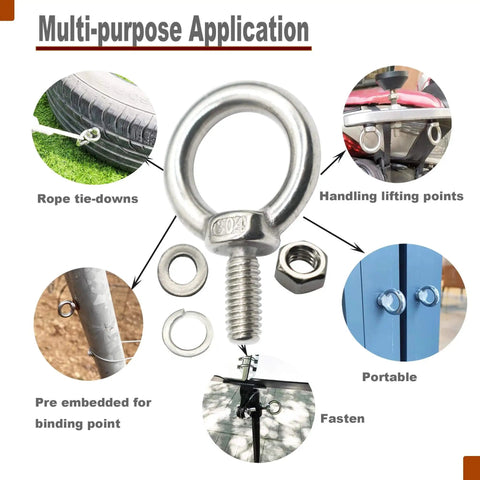 Stainless Steel M10 Eyebolt 0.71 Inch Short Eye Bolt With Threaded Ring Lifting Shoulder Screw Hook Nut Washer Locking Anchor Point For Hanging 6 Pieces Beefy Heavy Duty For Thick Metal Or Wood shown with various applications including rope tie-downs and lifting points.
