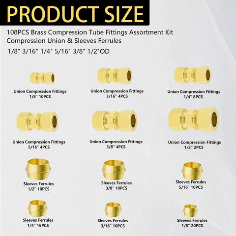 108 Piece Brass Compression Fittings Kit For Pipe And Tubing, Assorted Union Connectors And Sleeves, CA360 Brass, Product Size Chart