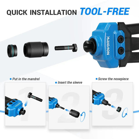 Pro Grade Rivet Nut Tool Kit, 16 Inch Riveter With 15 Mandrels, 182 Rivet Nuts And Rugged Carrying Case, installation steps