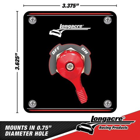 Manual Battery Disconnect Switch With Panel 175A 6 36V Red Handle mounted on a black panel with dimensions 3.375x3.625 inches