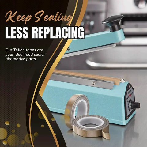 Pro Grade Heavy Duty High Temp Teflon Tape For Impulse Sealer And Vacuum Sealer, PTFE Fiberglass Tape, 13mm By 10m next to an impulse sealer.