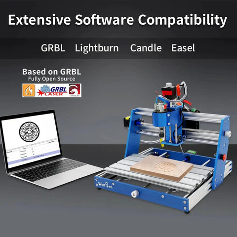 All Metal 3 Axis CNC Router Kit With Emergency Stop for Wood Plastic PCB Acrylic PVC Engraving shown with software compatibility overview