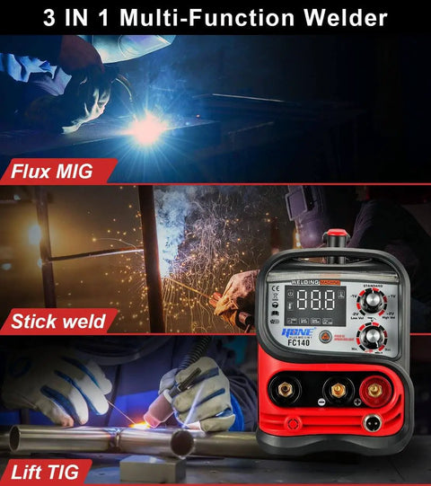 Three in One welding machine delivers MIG flux core and Lift TIG welding with synergic MIG control, 140 Amp power, 110V input