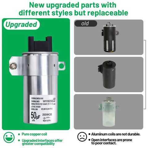 Washing machine run capacitor, front view, aluminum can, 50µF, 250V, for Whirlpool/Maytag/Kenmore