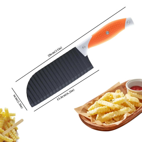 Crinkle Cut Knife For Veggies And Fries With Stainless Steel Wave Blade And Ergonomic Handle VITUER with measurements and fries