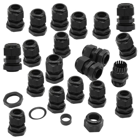 Rugged One Half Inch NPT Cable Glands Set in Black Nylon Waterproof Adjustable Strain Relief Cord Grips for Junction Boxes and Panels, 20 Pack