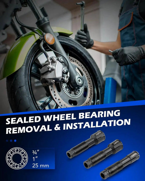 Mechanic using Harley Wheel Bearing Puller Tool Kit for removal and installation on Harley-Davidson motorcycle wheel