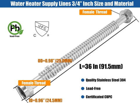 2 Pack 36 Inch Flexible Corrugated Water Heater Hose Connector Heavy Duty Hot Or Cold Water Supply Line Stainless 3/4 Inch FIP