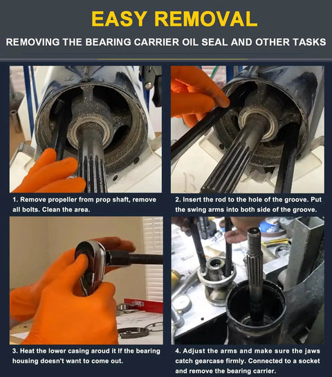 Lower Bearing Carrier Puller Compatible With Yamaha Johnson Evinrude Mercury Honda Mercruiser Gearcases 115 Hp And Up demonstrated in use