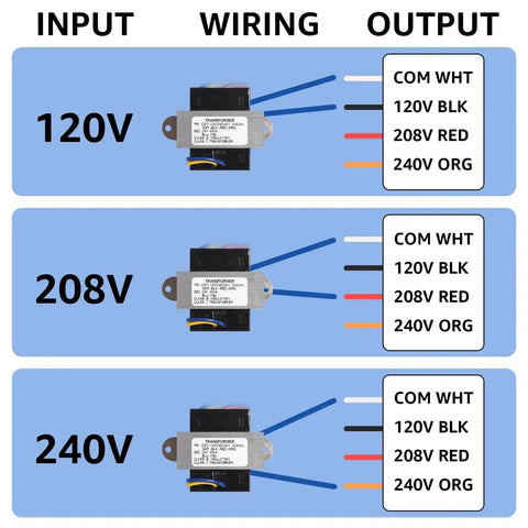 Diagram showing wiring connections for 24V Transformer Replacement For Motors Armatures 50354 Converting 120V 208V And 240V To 24V 40VA Closed Shell Design