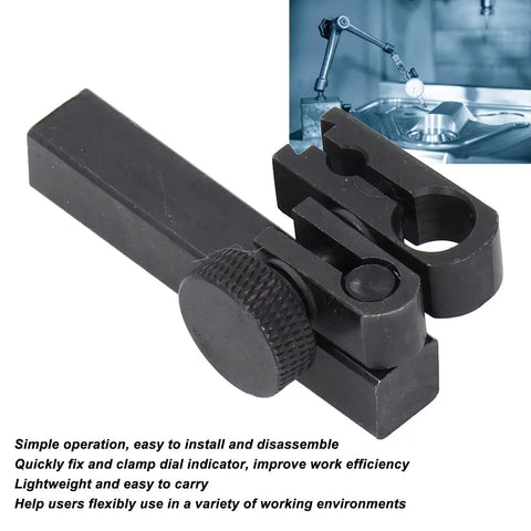 Dial test indicator height holder bar with sleeve swivel clamp, front view, black metal, 9x9x50mm, 8mm/6mm holes