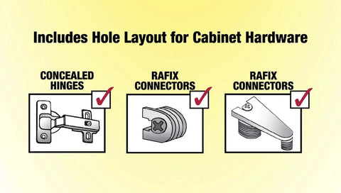 Illustration of hole layout for cabinet hardware including concealed hinges and Rafix connectors with check marks.