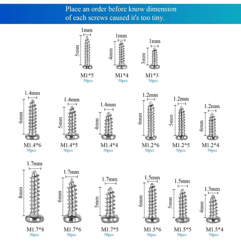 Silver Tiny Electronics Screws Kit 750 Pcs Set With M1 To M1.7 Phillips Pan Head Self Tapping Screws Micro Wood And Mini Electronic Fasteners Assortment In Carbon Steel 15 Sizes For Quick Fixes displayed with sizes.