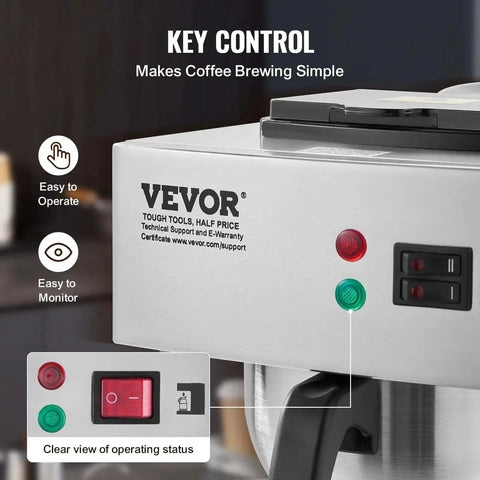 Close-up of 12 Cup Commercial Drip Coffee Maker With Thermal Vacuum Carafe Keeps Coffee Hot Or Cold All Day No Fuss For Restaurant Office Cafe Stainless Steel Brewer That Brews A Full Pot In About 9 Minutes, showing control buttons and stainless steel exterior.