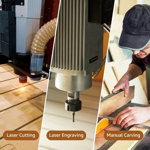 Three-part image showing laser cutting, engraving machinery, and a man manually carving wood.