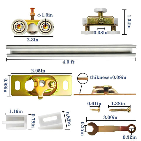 4 Foot Commercial Grade Sliding Pocket Door Hardware Kit with Aluminum Box Rail components and measurements displayed.