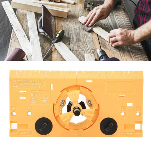 Worker using 35mm Hinge Boring Jig Kit For Cabinet Doors Pro Grade Drilling Guide Locator With Cutter And 1/16 Inch Bit ABS Durable Yellow Hinge Hole Drill Tool For Precise Installations for woodworking.
