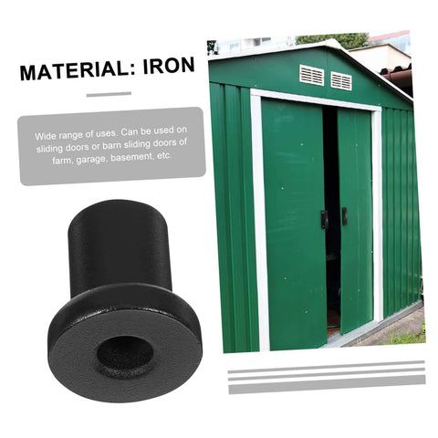 Iron sliding barn door track spacer next to green sliding door, part of 4 Pack Sliding Barn Door Track Spacers Set For Wall And Rail Connectors Easy Install Hardware You Can Count On For Stable Alignment And Smooth Rolling Durable Spacers That Keep Doors Level.