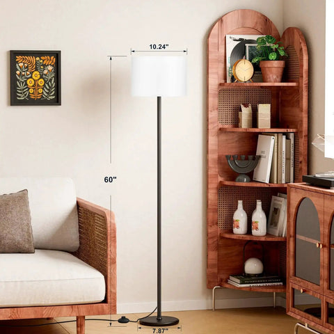 60 Inch Black Floor Lamp With White Shade And Foot Pedal Switch For Living Room beside sofa and bookshelf