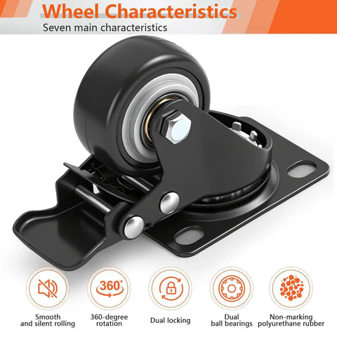 Close-up of 2 Inch Heavy Duty PU Caster Wheel with brake, showing 360-degree rotation and dual locking mechanism.