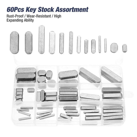 60-piece key stock assortment in open plastic box, showcasing various sizes and shapes, made of heavy-duty steel for mechanical industry.