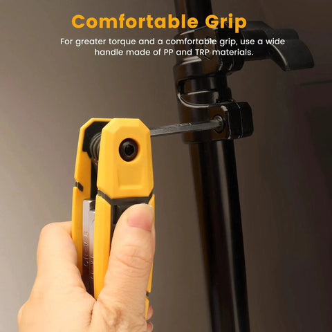 Using 17-Piece Folding Allen Wrench Set with Metric and SAE Hex Tools for Tight Spaces on a black fixture.