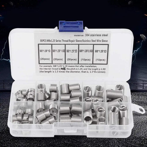 Stainless Steel Spiral Threaded Inserts Kit For M8x1.25 Helical Thread Insertion, 80 Piece Set, shown in a clear storage case