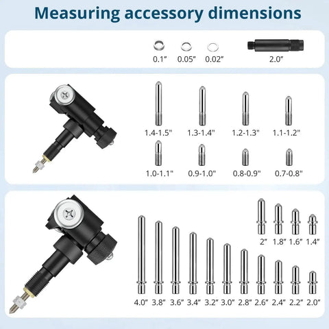 Dial Bore Gauge With 0.7 To 6 Inch Range And 6 Inch Measuring Depth, 0.0005 Inch Accuracy, 23 Anvils, accessory dimensions chart