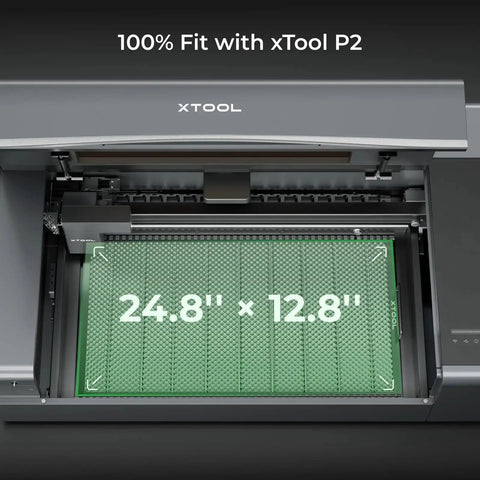 Premium Honeycomb Working Panel 2.0 for P2 and P2S Laser Engravers By xTool shown installed in engraver, dimensions 24.8 x 12.8 inches.
