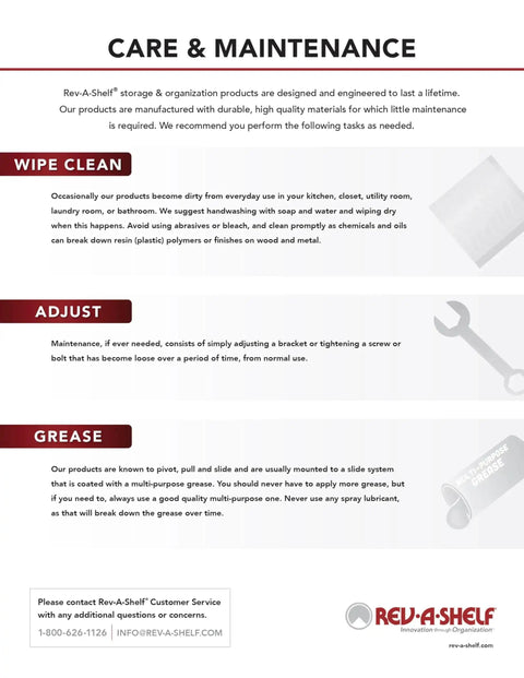 Care and maintenance instructions for Rev-A-Shelf storage and organization products
