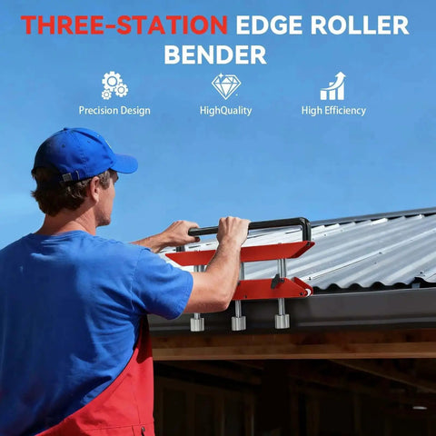 Man using 3 Station Metal Roofing Bender With 0 To 90 Degree Edge Roller Large Radius Sheet Metal Bender for roofing project