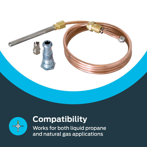 Eastman 18-inch gas thermocouple with copper tubing and stainless steel head, includes fittings.