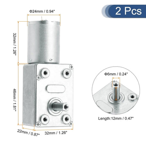 Two Pack DC 12V 18 RPM Reversible Worm Gear Motors With 6mm D Shape Shaft High Torque Gearbox dimensions and close-up details