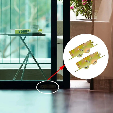 2 Pack Sliding Patio Door Tandem Roller Assembly Replacement Fits Guardian Croft VinylMax And Other Sliding Door Manufacturers 1-1/4 Inch Steel Ball Bearing End Adjustment 5-3/4 Inch Screw Hole Centers next to patio door with view of garden and small side table.