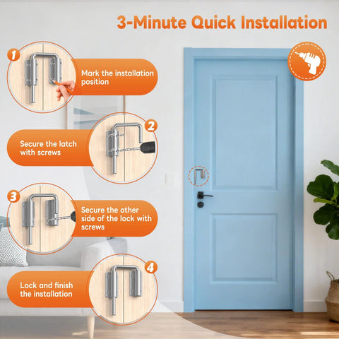 Upgraded Sliding Door Loop Lock With 90 And 180 Degree Adjustable Aluminum Alloy Gate Latch installation guide next to blue door