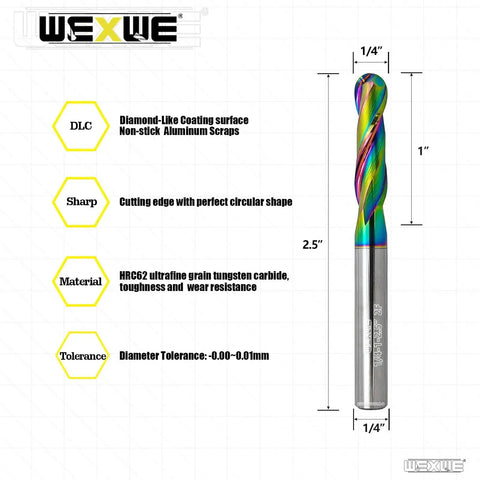 Extra Long Ball Nose Carbide End Mill Set With DLC Coating For CNC Milling Aluminum And Wood, dimensions and features.