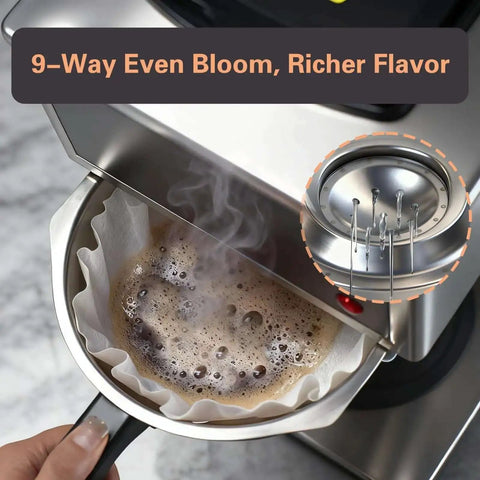 Heavy Duty 1610W 12 Cup Drip Coffee Maker Workhorse With Two Glass Carafes And Warmers Stainless Steel Housing And Funnel Commercial Grade Brewer For Offices Hotels And Home Use showing brewing coffee with filter and funnel