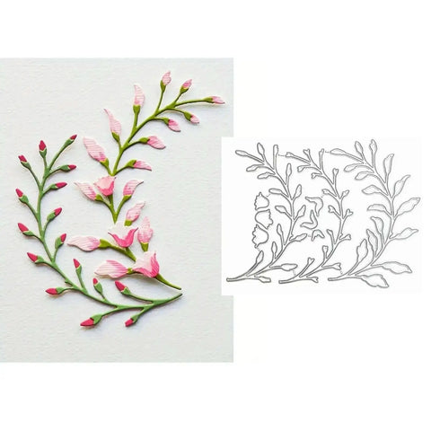 3 Piece Flower Leaf Branches Metal Die Cuts Set For DIY Embossing And Card Making, showing floral design and metal stencil