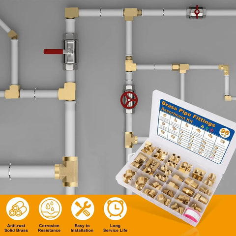 All In One Brass Pipe Fittings Kit With 96 Piece Set for DIY Plumbing Projects Featuring NPT Adapters Reducers Hex Bushings