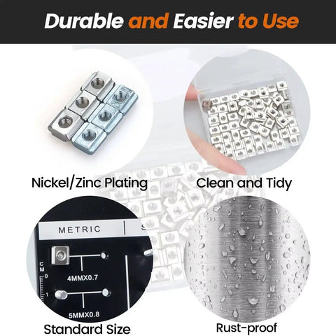 Nickel Plated M6 Sliding T Nuts For 2020 2040 2060 Aluminum Extrusion Profiles, corrosion-resistant features and packaging.