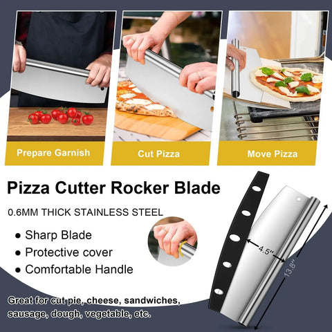 Heavy Duty Aluminum Pizza Peel with Extra Long Handle for Home and Commercial Ovens from 38 and a Half Inches to 49 Inches painted handle includes cutter rocker turning tool kit Joyfair shown with pizza cutter rocker blade.
