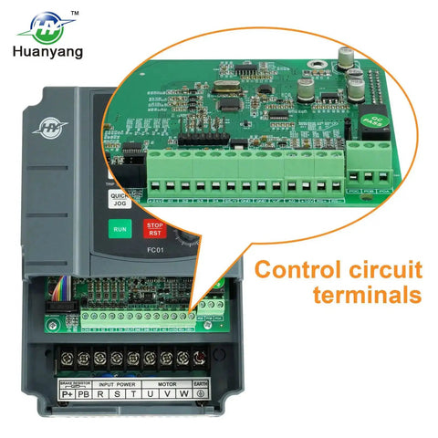Close-up of Beefy VFD Variable Frequency Drive showing control circuit terminals and RS-485 connections for motor speed control.