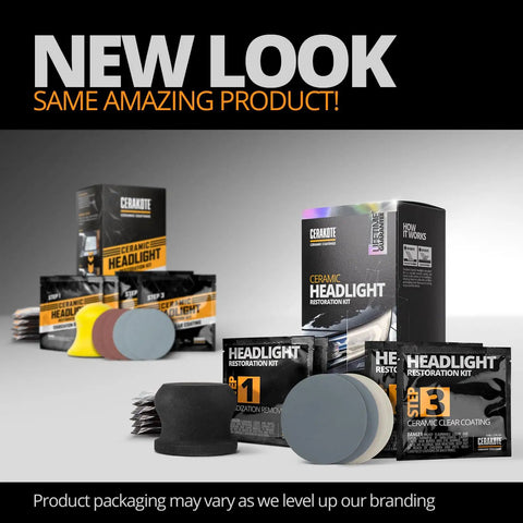 Long Lasting Ceramic Headlight Restoration Kit That Keeps Your Car Lights Crystal Clear No Power Tools Needed Includes 8 Oxidation Removing Wipes 1 Sanding Kit And 2 Ceramic Coating Wipes CERAKOTE packaging and contents display.