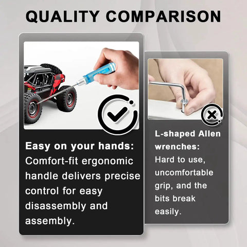 Quality comparison of All In One RC Hex Key Driver Set With Magnetic Tips and L-shaped Allen wrenches being used on RC cars.