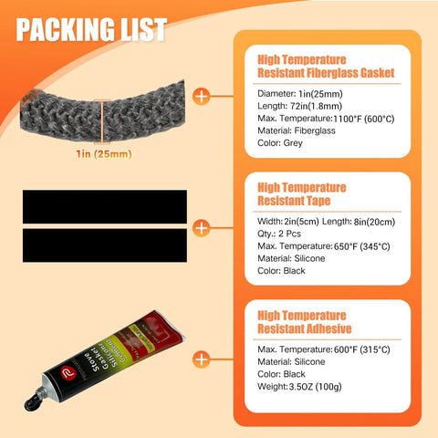 Wood stove gasket kit: 1in gray fiberglass rope gasket (72in), 2 black silicone tapes, silicone adhesive