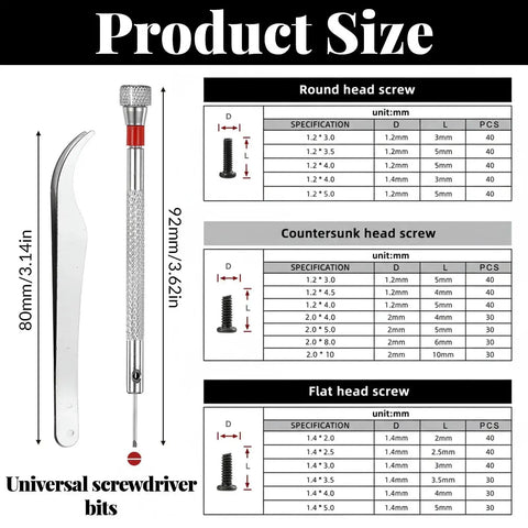 Product size chart for 630 Piece Eyeglass Repair Kit With Screws And Tiny Micro Fasteners For Electronics Repair Watches And Laptops.