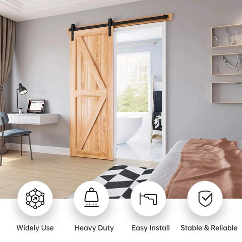 Five Foot Heavy Duty Sliding Barn Door Hardware Track Kit With J Pulley Ball Bearing Rollers installed on wooden door