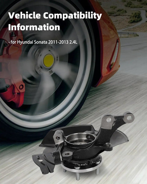 Front Right Steering Knuckle And Wheel Bearing Hub Assembly For Hyundai Sonata 2011 2012 2013 That Fits Without Sport Suspension 2.4L 14mm Bolt Hole 27 Splines OE Reference 698464 Replacement Part shown with spinning wheel background