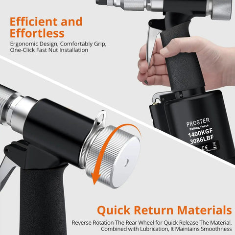 Close-up of Your Go To Heavy Duty Pneumatic Hydraulic Rivet Nut Set Kit with ergonomic grip and quick return materials feature.